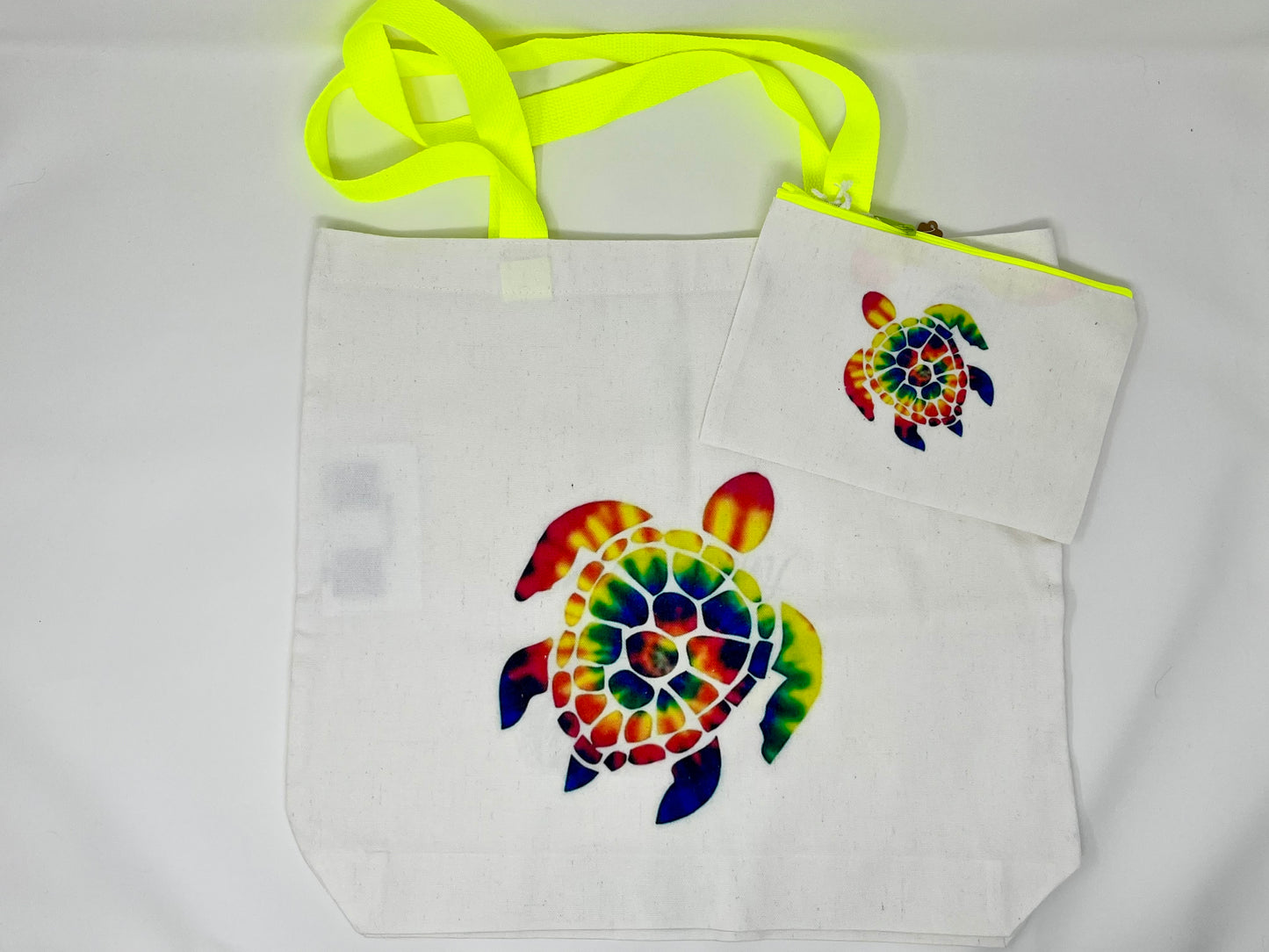 Neon Rainbow Sea Turtle Tote Bag and Travel Bag set