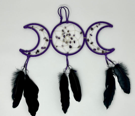 Purple Triple Moon Dream Catcher with Amethyst