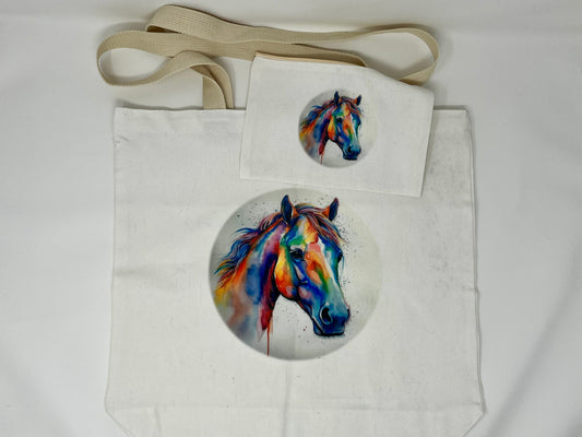 Watercolor Horse Tote and Travel Bag Set